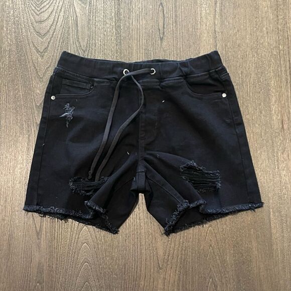 NWOT Guess Black Distressed Denim Shorts Drawstring Size M - Picture 1 of 10